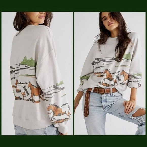 Daydreamer Free People Running Horses Oversized Crewneck Sweatshirt S Morn Fog - Picture 4 of 13